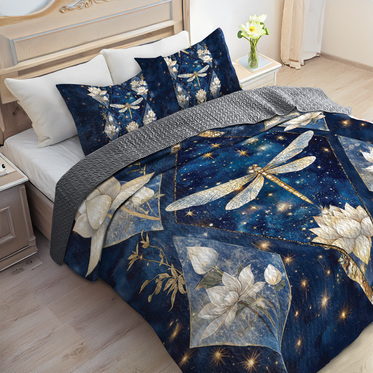 Shineful All Season Quilt 3-Piece Set Enlightened Dragonfly Lotus