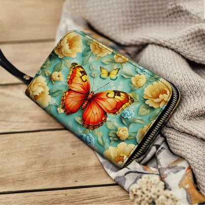 Shineful Leather Clutch Purse With Wristlet Strap Handle Radiant Summer Butterfly