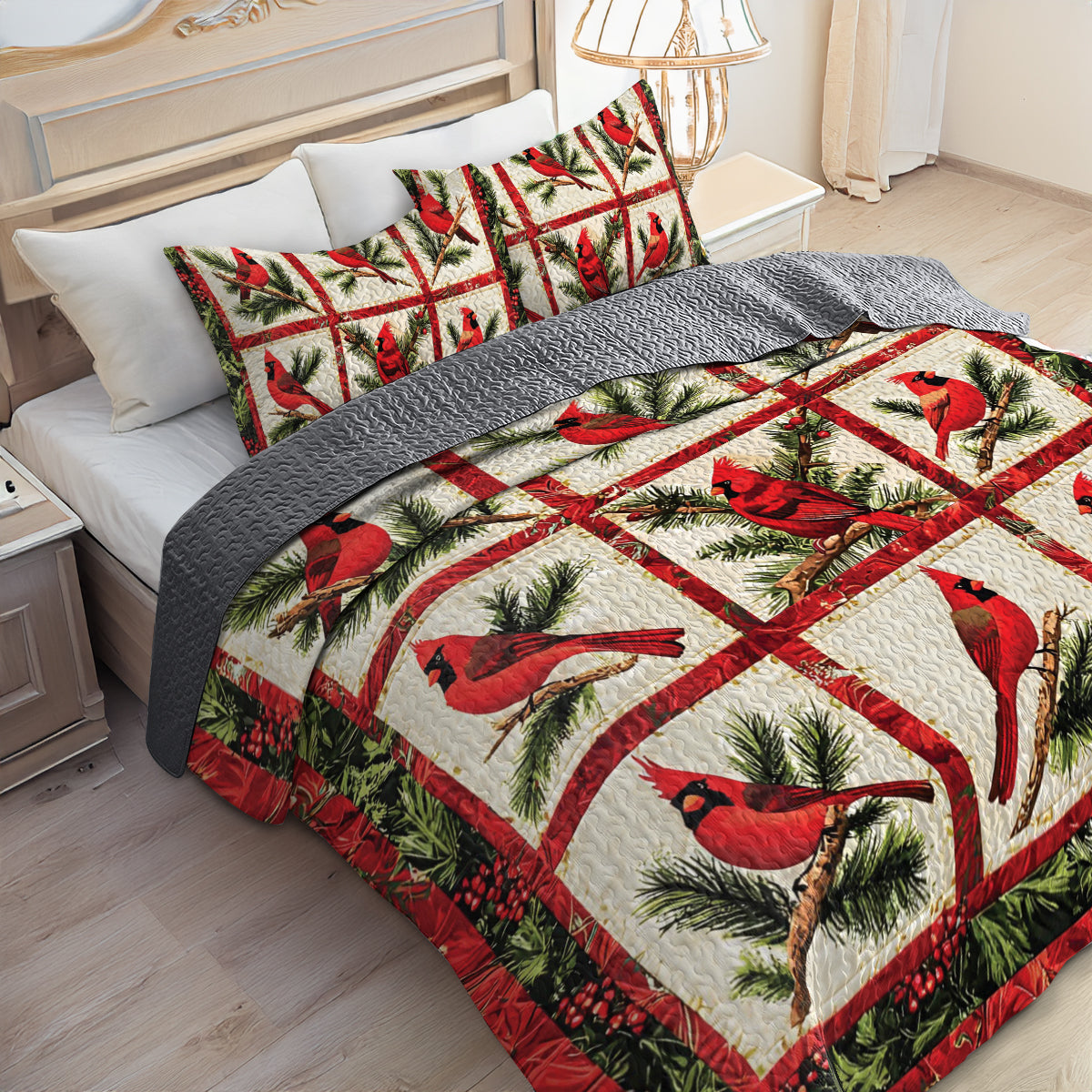 Shineful All Season Quilt 3-Piece Set Christmas Cardinal Blocks
