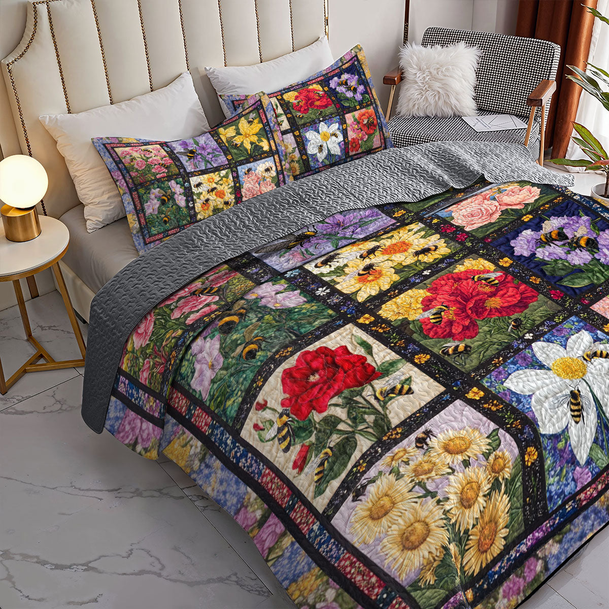 Shineful All Season Quilt 3-Piece Set Honeybee Garden: 12 Months of Floral Bliss