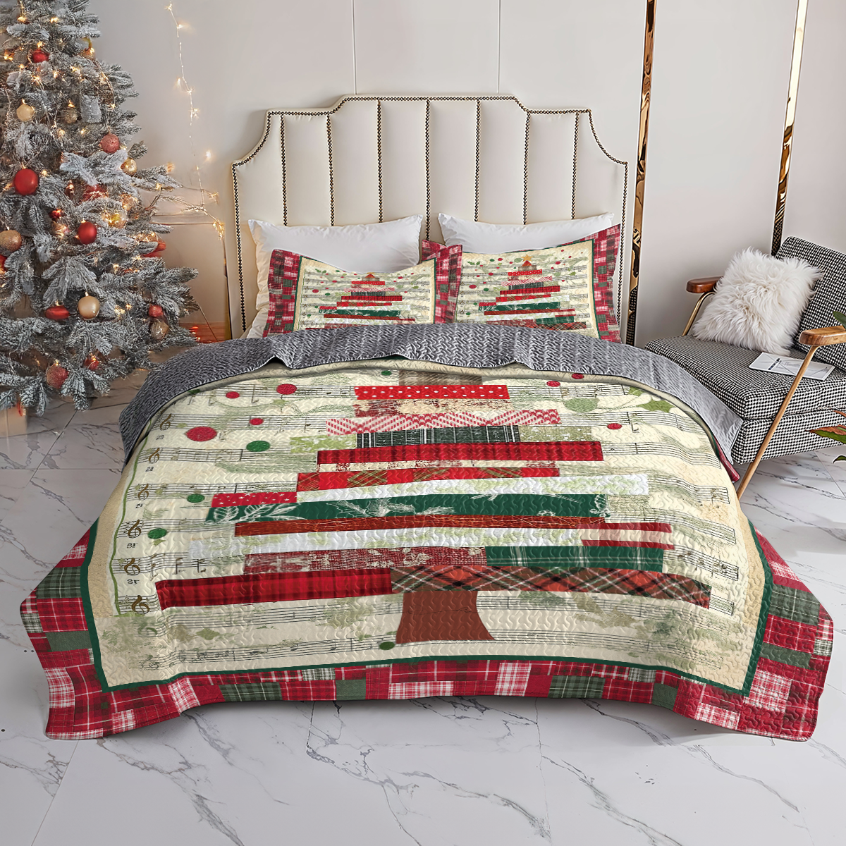 Shineful All Season Quilt 3-Piece Set Plaid Christmas Music Tree