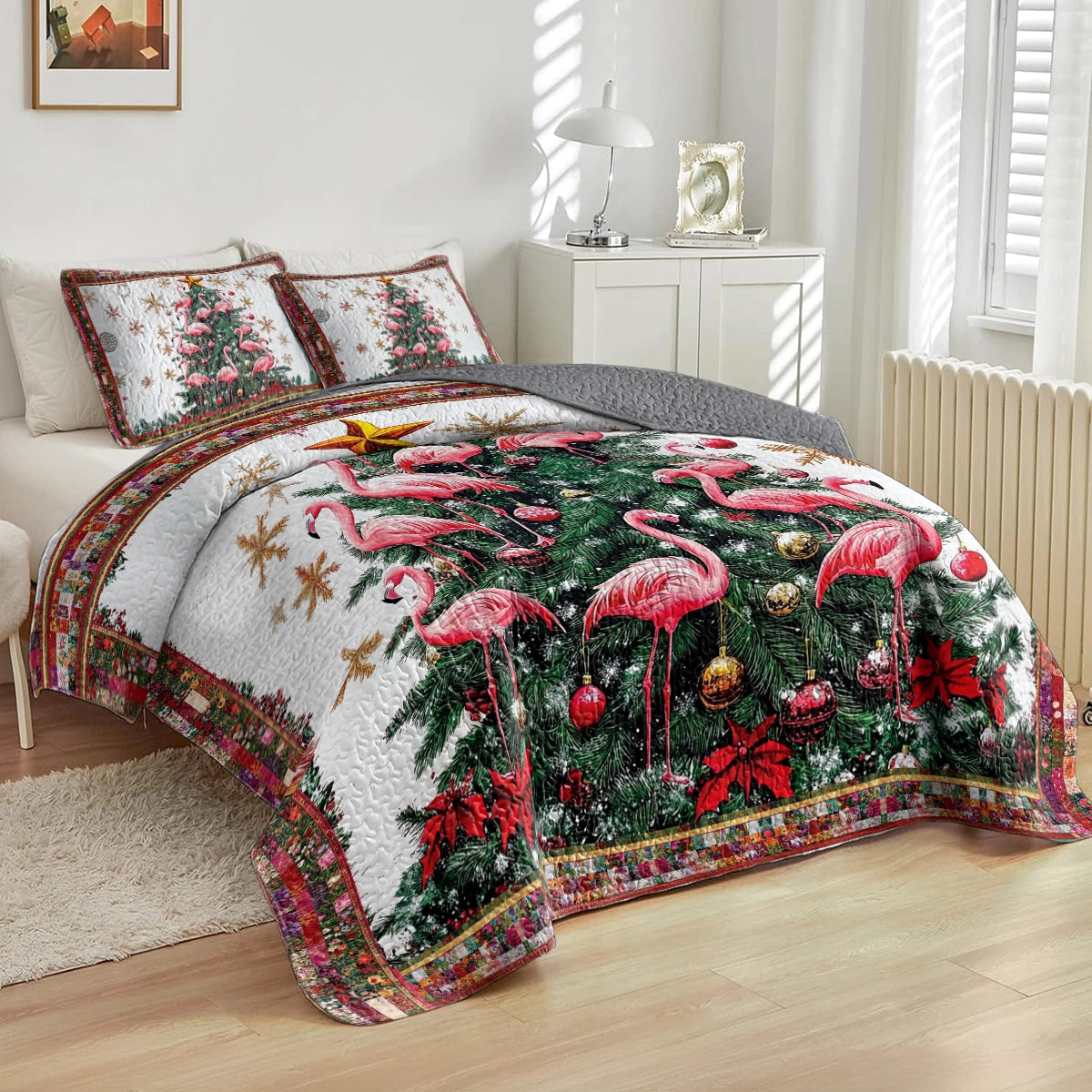 Shineful All Season Quilt 3-Piece Set - Tropical Christmas with Flamingos