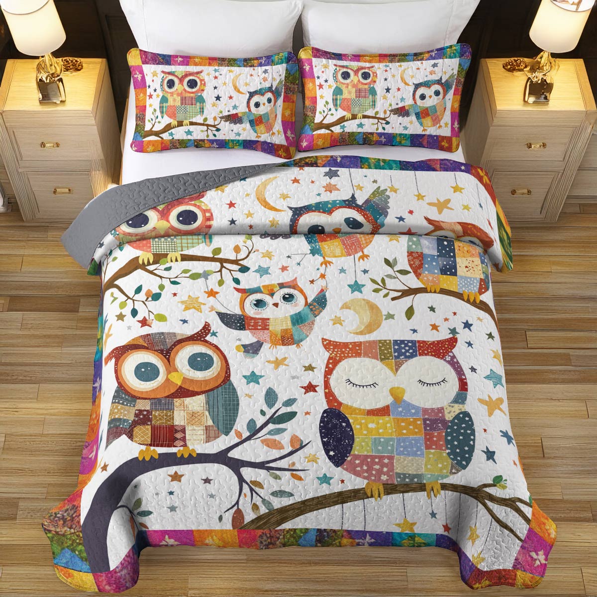 Shineful All Season Quilt 3-Piece Set Owl Patchwork