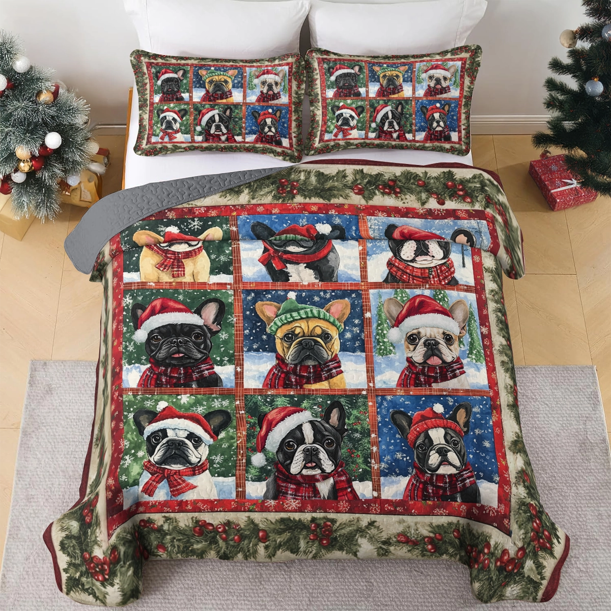 Shineful All Season Quilt 3-Piece Set - French Bulldog Holiday Cheer