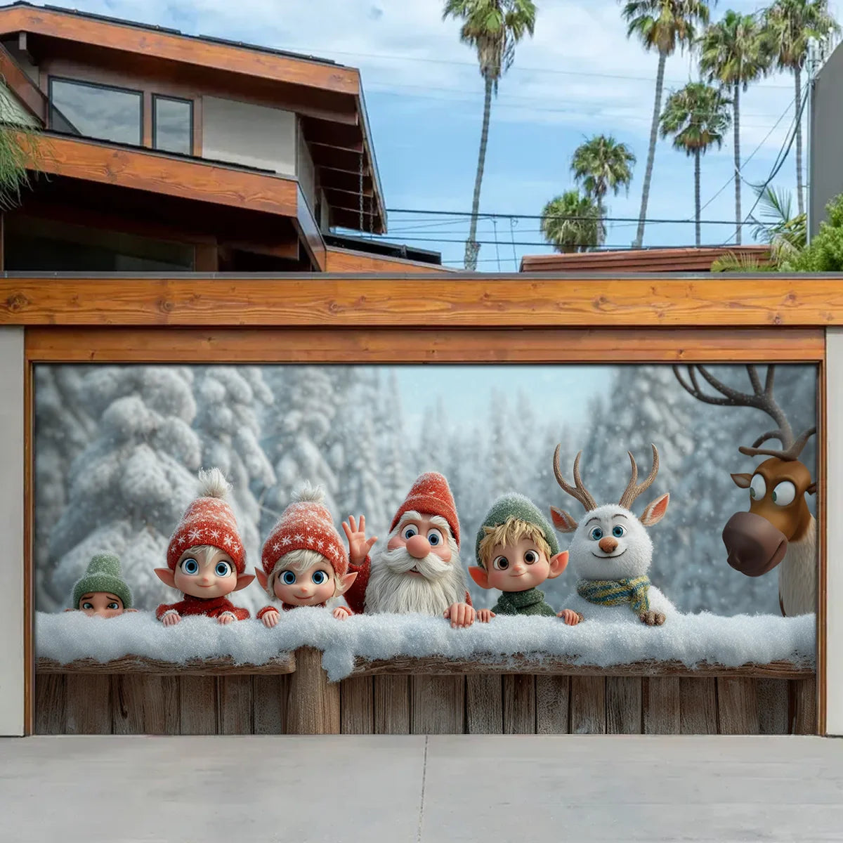 Shineful Garage Door Banner Decoration Elves & Reindeer Holiday Peek