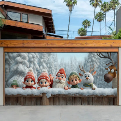 Shineful Garage Door Banner Decoration Elves & Reindeer Holiday Peek