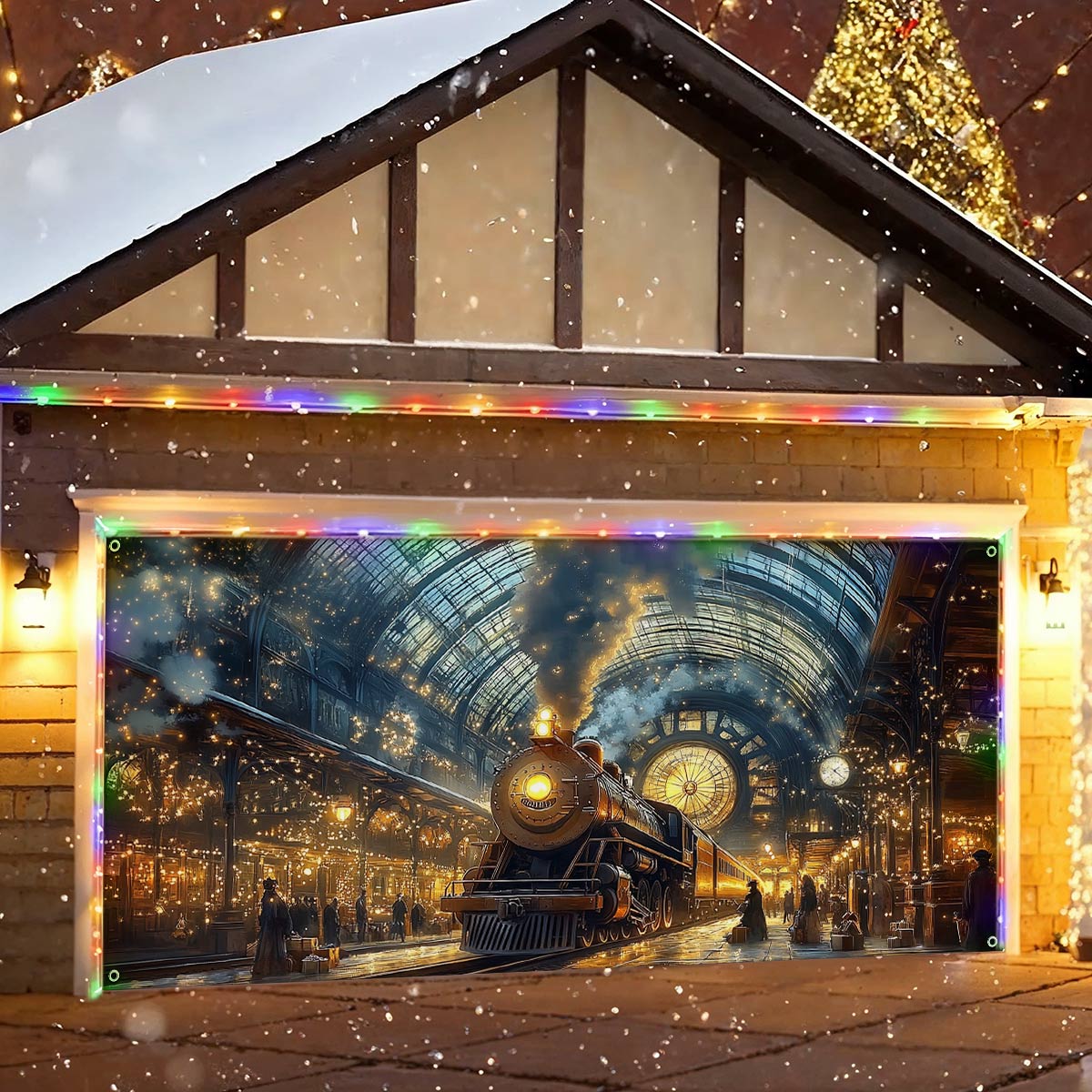 Shineful Garage Door Banner Decoration Snowy Station