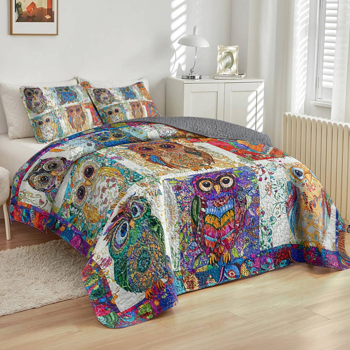 Shineful All Season Quilt 3-Piece Set Owl Damask Pattern