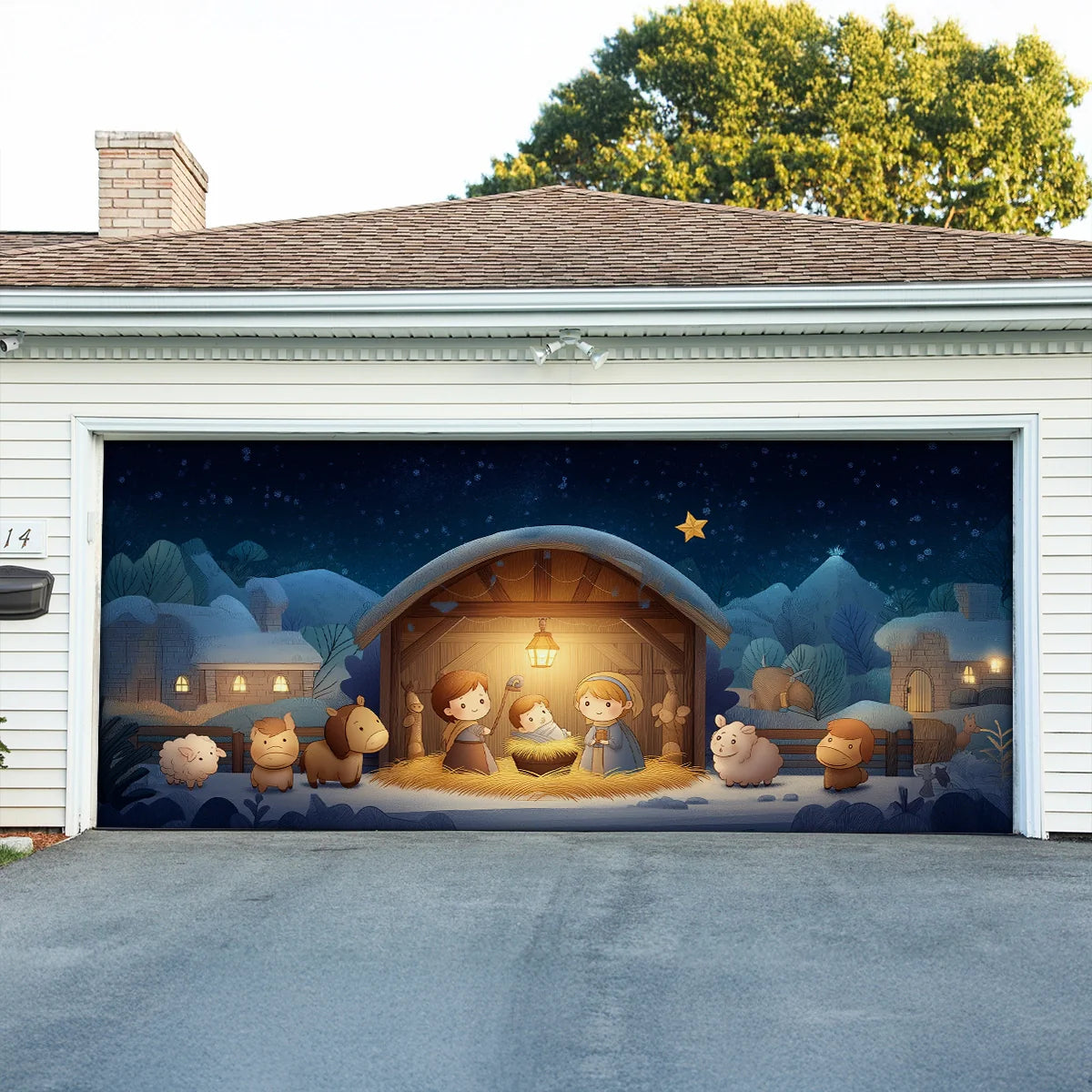 Shineful Garage Door Banner Decoration Holy Family Cartoon Nativity