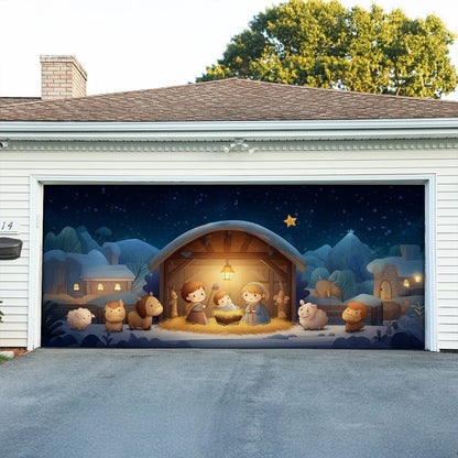 Shineful Garage Door Banner Decoration Holy Family Cartoon Nativity