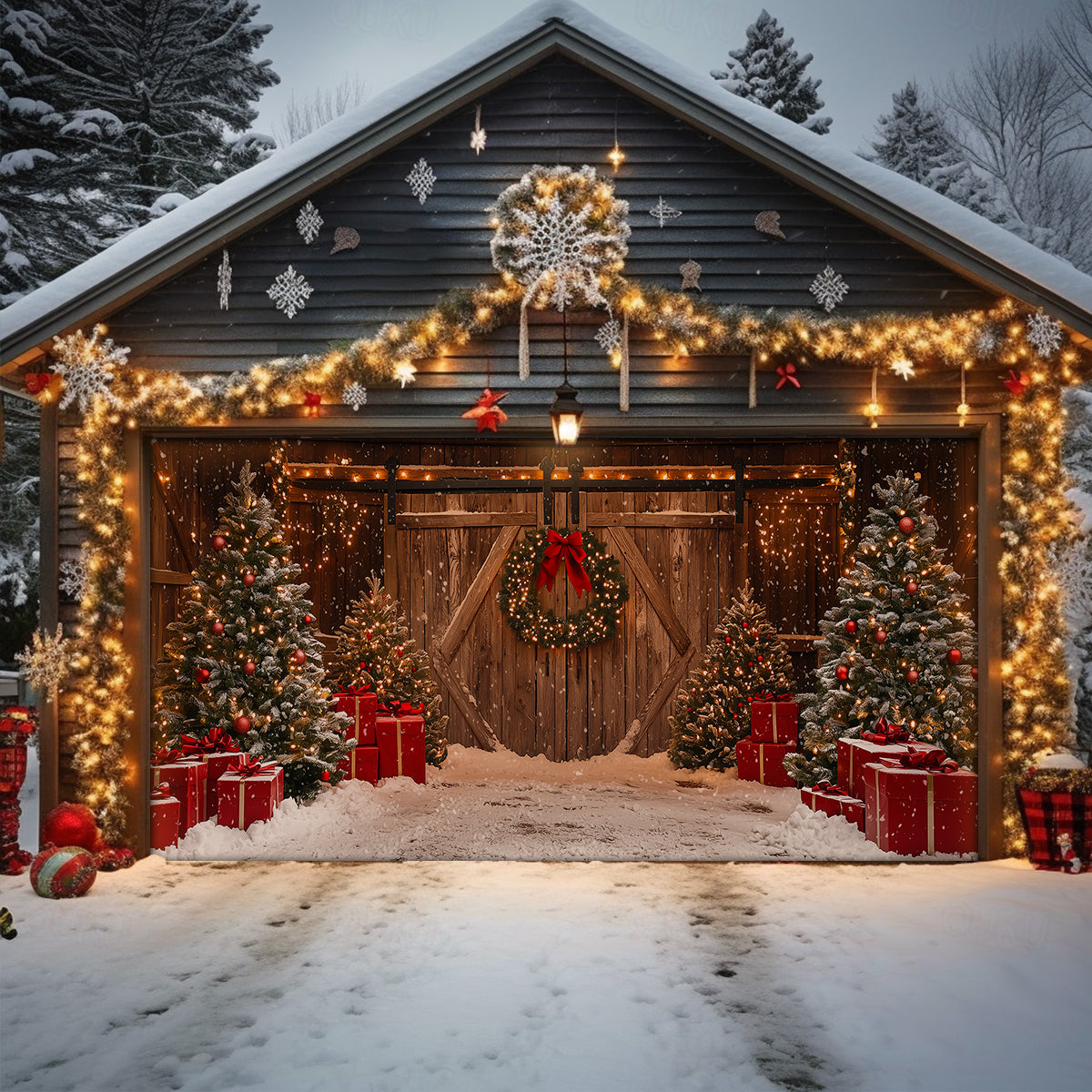 Shineful Garage Door Banner Decoration Christmas Barn Door with Presents