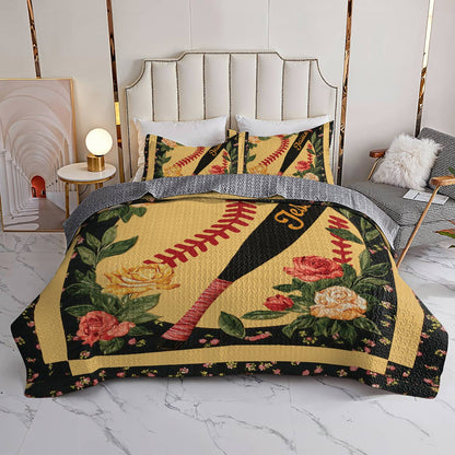 Shineful All Season Quilt 3-Piece Set - Personalized Softball & Foral Fusion