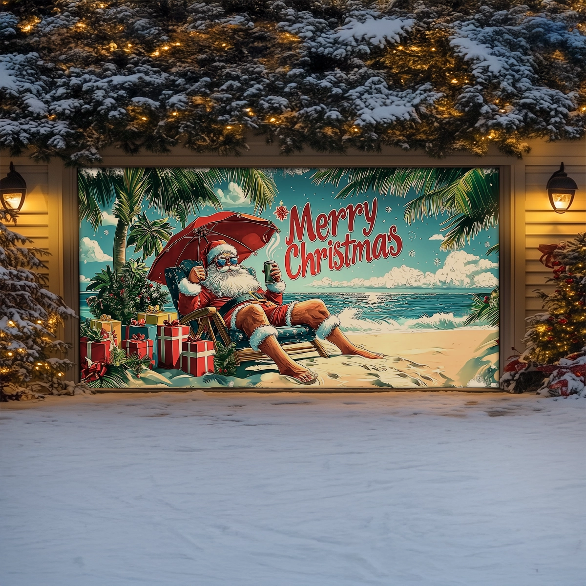 Shineful Garage Door Banner Decoration Seaside Relaxing Santa