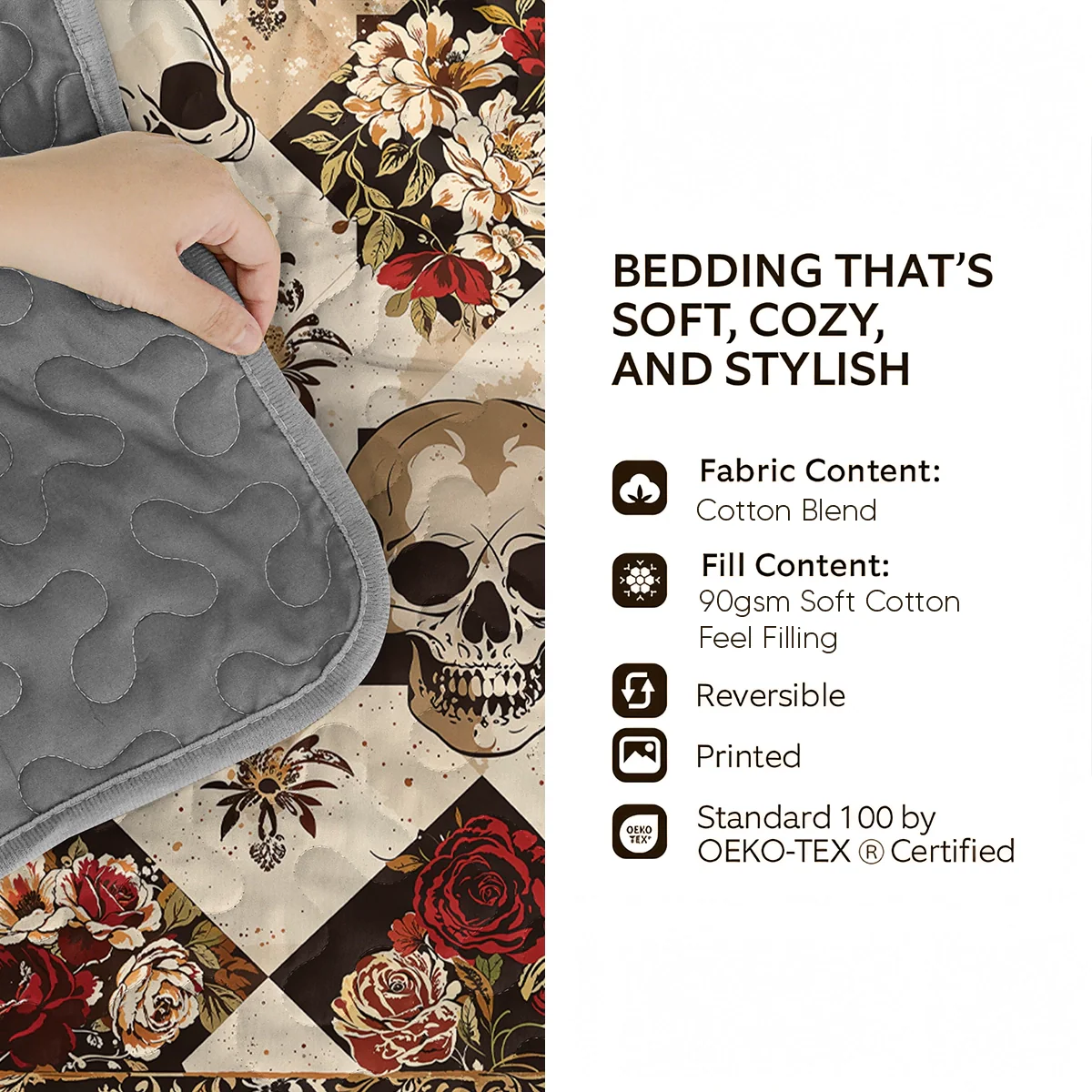 Shineful Quilt 3-Piece Set Elegent Skull Roses