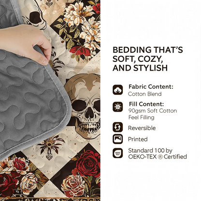 Shineful Quilt 3-Piece Set Elegent Skull Roses