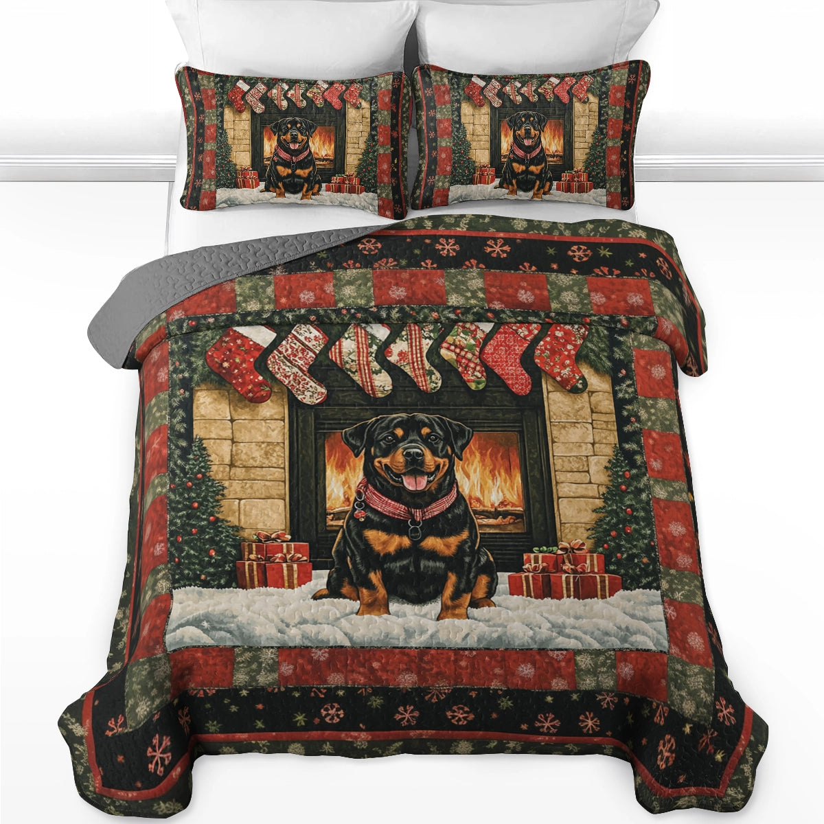 Shineful All Season Quilt 3-Piece Set Holiday Cheer with Rottweiler