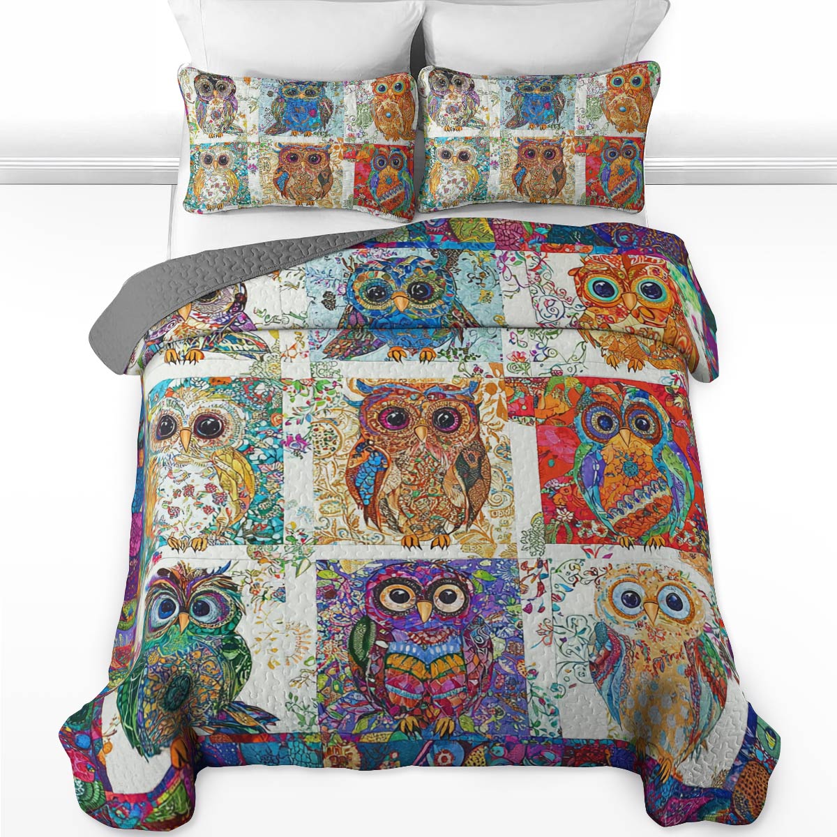 Shineful All Season Quilt 3-Piece Set Owl Damask Pattern