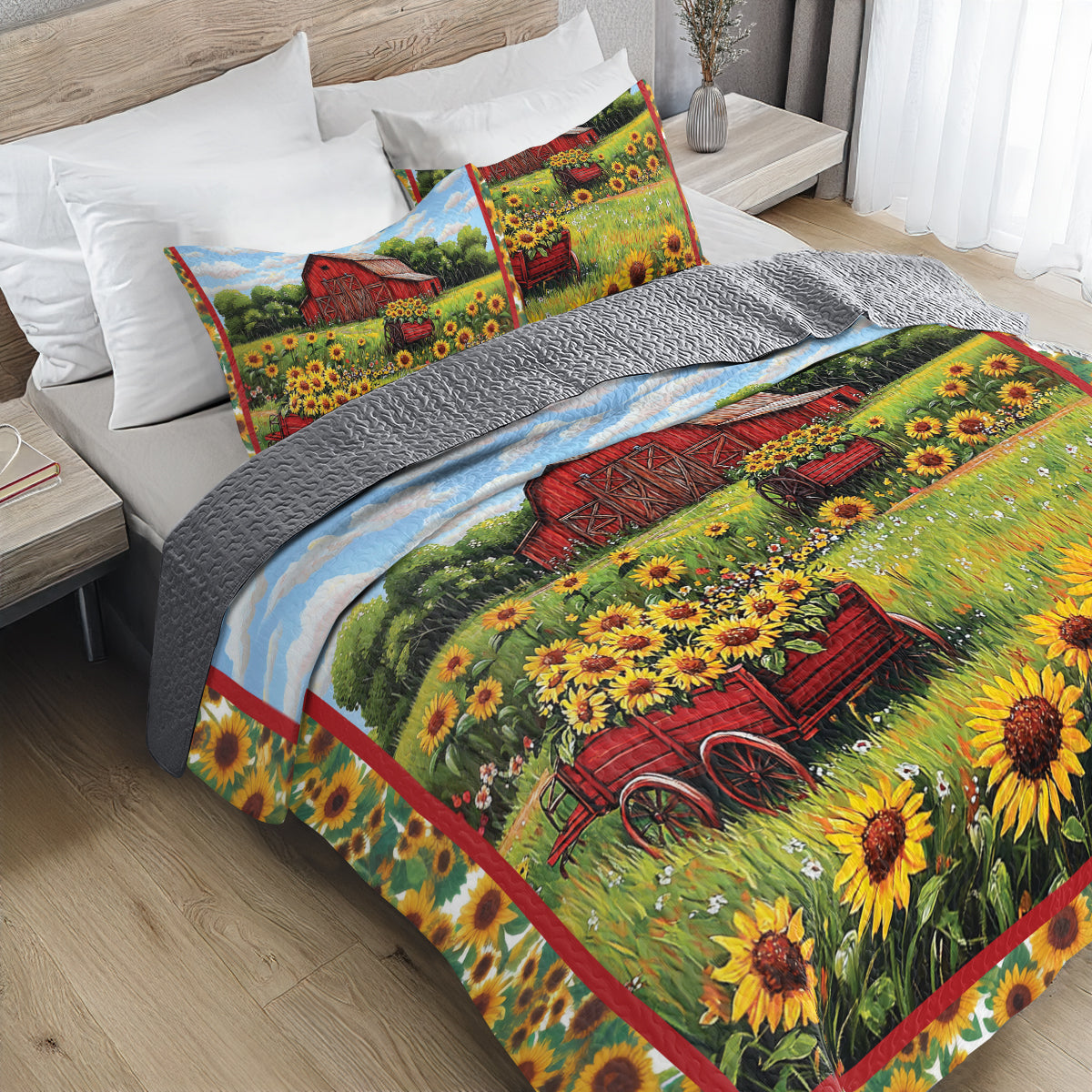 Shineful All Season Quilt 3-Piece Set - Barn and Sunflowers Quilt