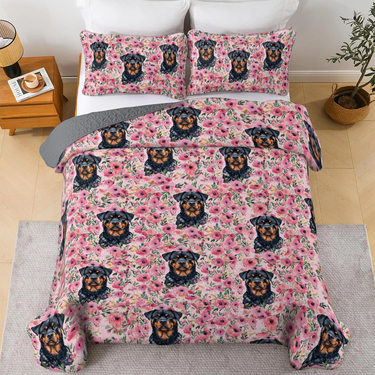 Shineful All Season Quilt 3-Piece Set Floral Rottie Dream