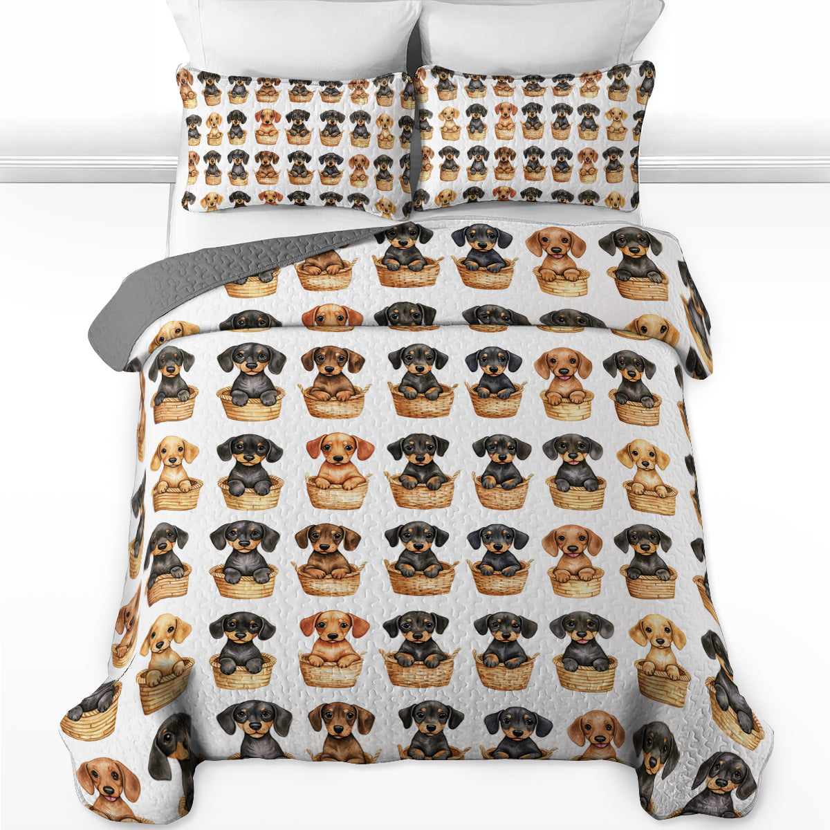 Shineful All Season Quilt 3-Piece Set Cute Dachshund In Basket V1
