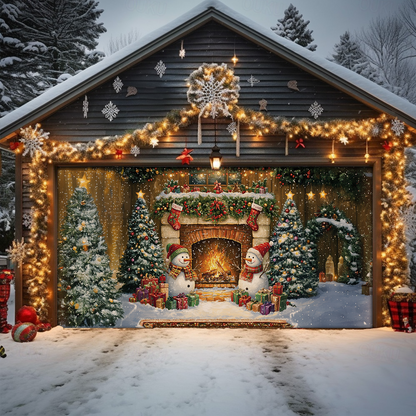 Shineful Garage Door Banner Decoration - Cozy Snowman by the Hearth