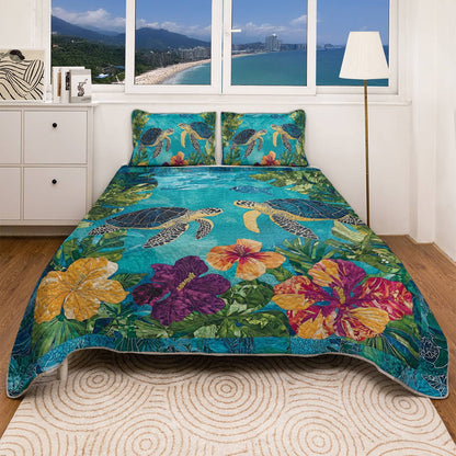Shineful All Season Quilt 3-Piece Set - Sea Turtle & Tropical Flower