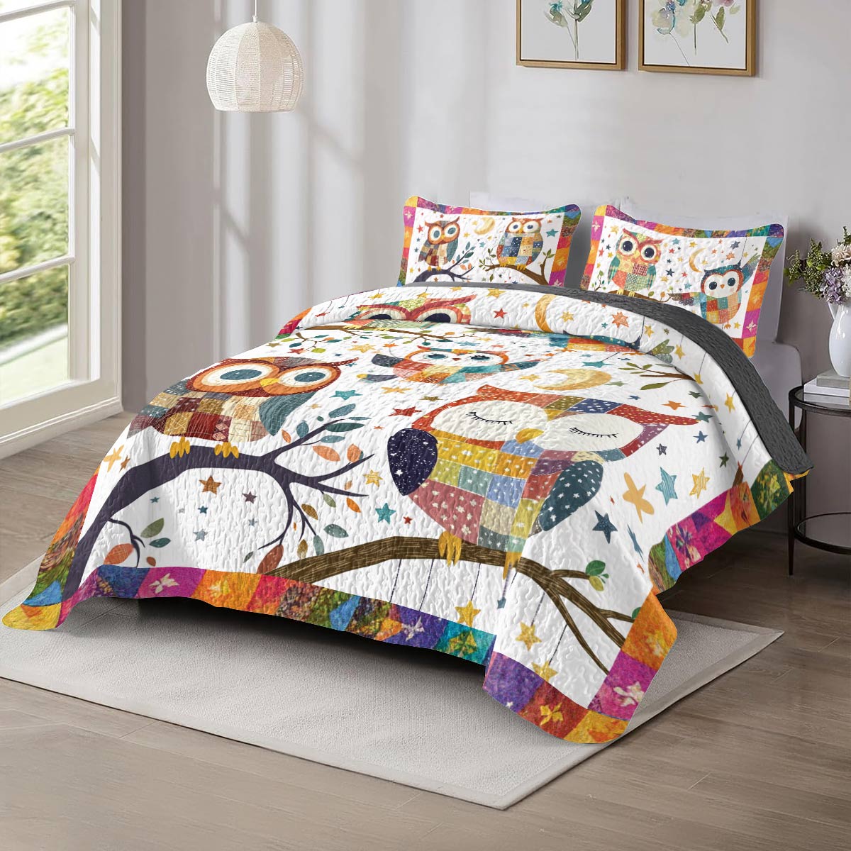 Shineful All Season Quilt 3-Piece Set Owl Patchwork
