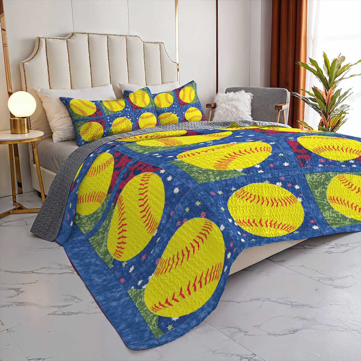 Shineful All Season Quilt 3-Piece Set Softball Patchwork