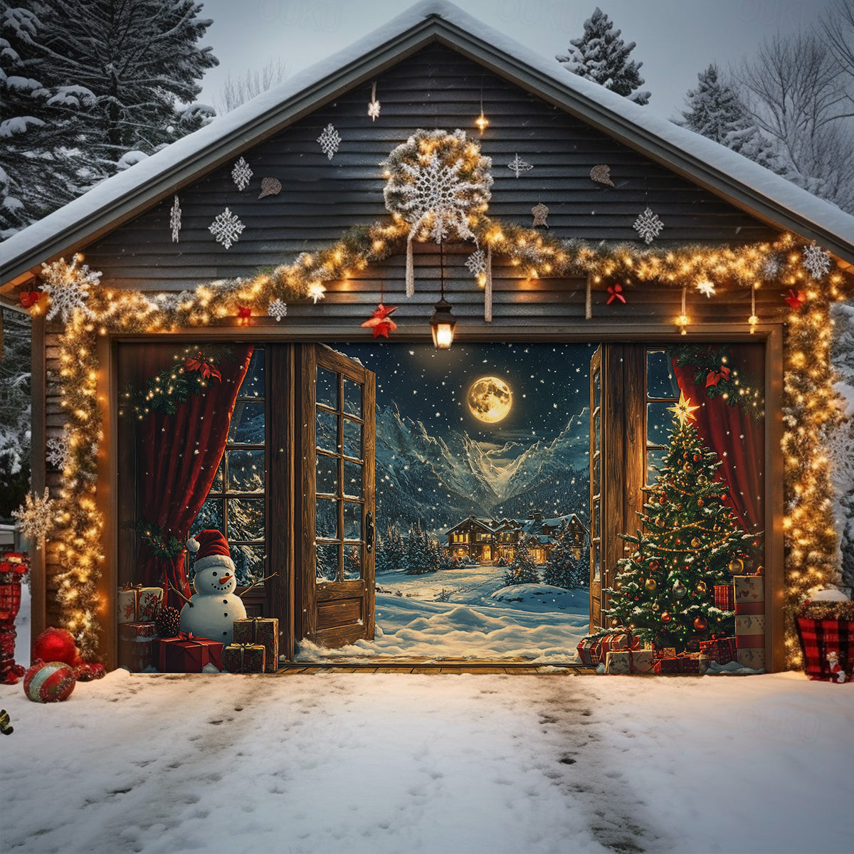 Shineful Garage Door Banner Decoration Festive Christmas Night View