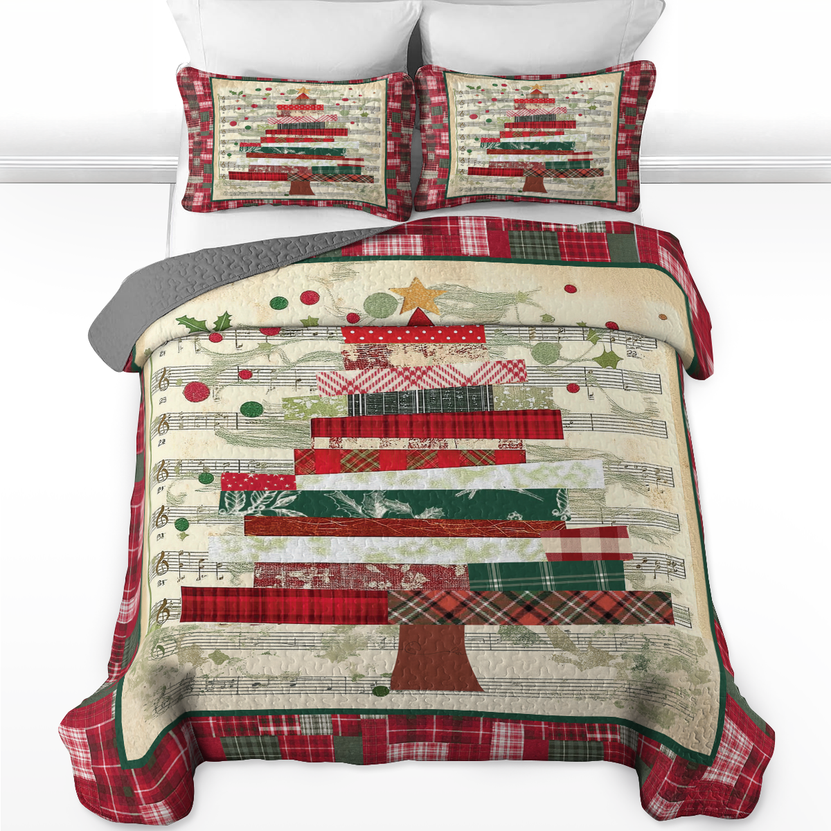 Shineful All Season Quilt 3-Piece Set Plaid Christmas Music Tree
