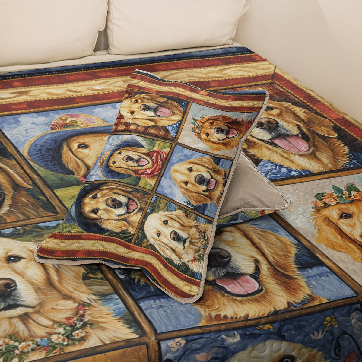 Shineful All Season Quilt 3-Piece Set Happy Golden Retriever