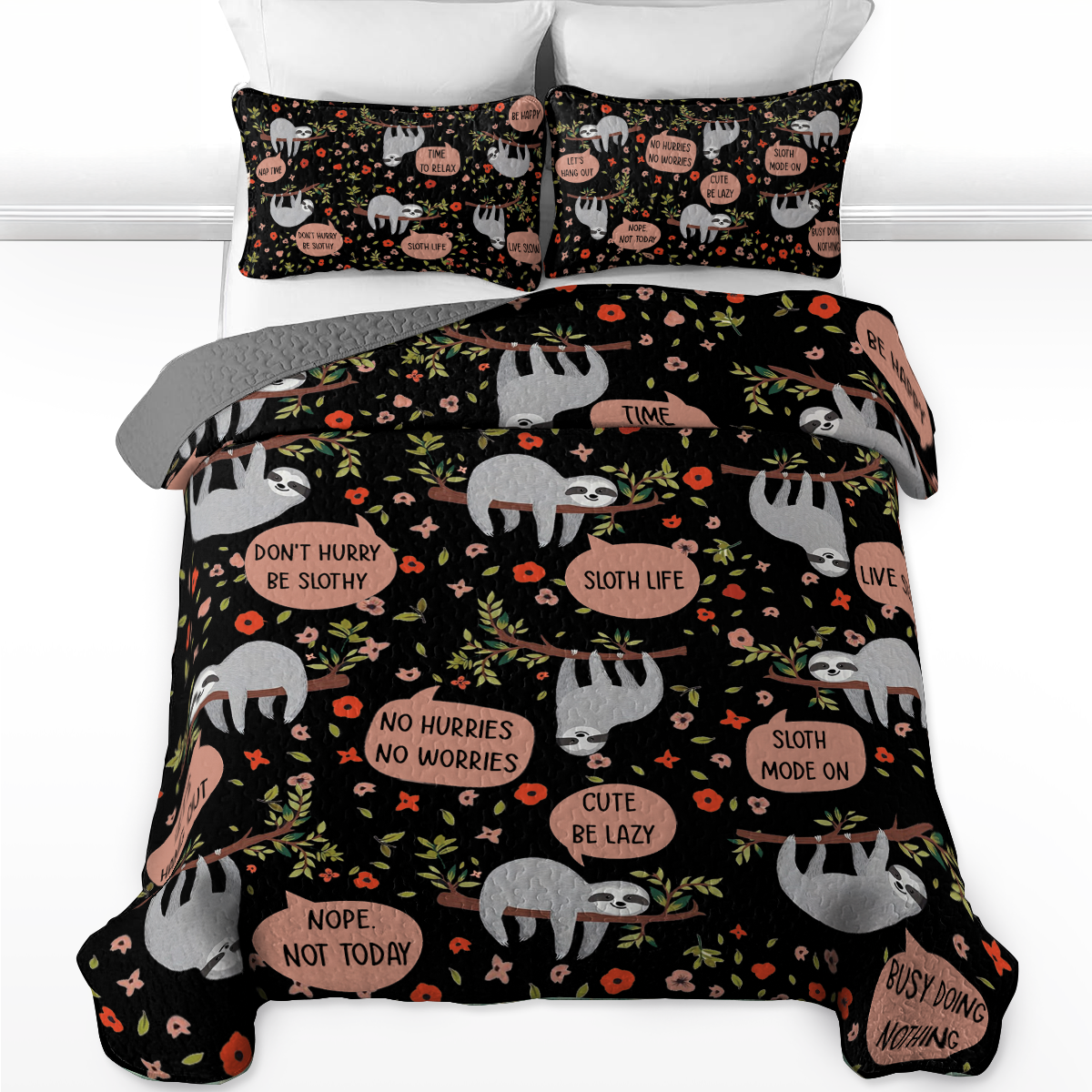 Shineful All Season Quilt 3-Piece Set Sloth Life Black Night
