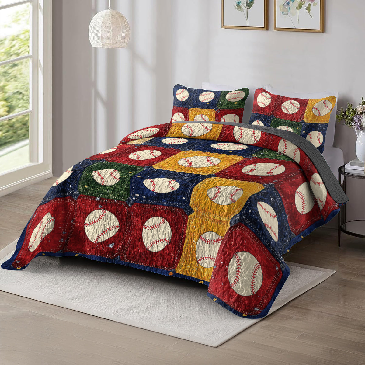 Shineful All Season Quilt 3-Piece Set Vintage Baseball Patchwork