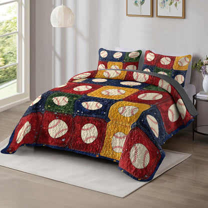Shineful All Season Quilt 3-Piece Set Vintage Baseball Patchwork
