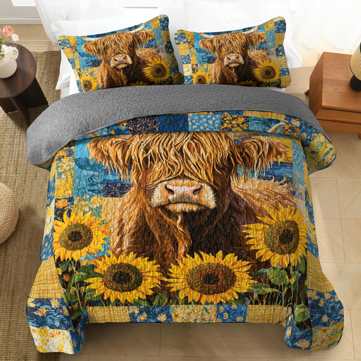 Shineful All Season Quilt 3-Piece Set Sunflower Highland Cow