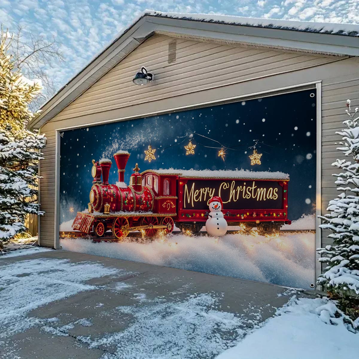 Shineful Garage Door Banner Decoration Merry Christmas Steam Engine