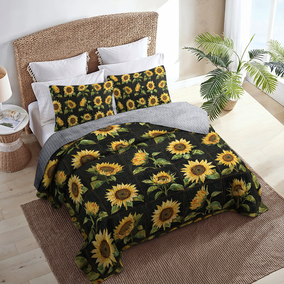 Shineful All Season Quilt 3-Piece Set Elegant Sunflower Patch