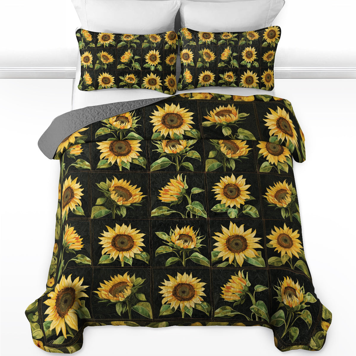 Shineful All Season Quilt 3-Piece Set Elegant Sunflower Patch