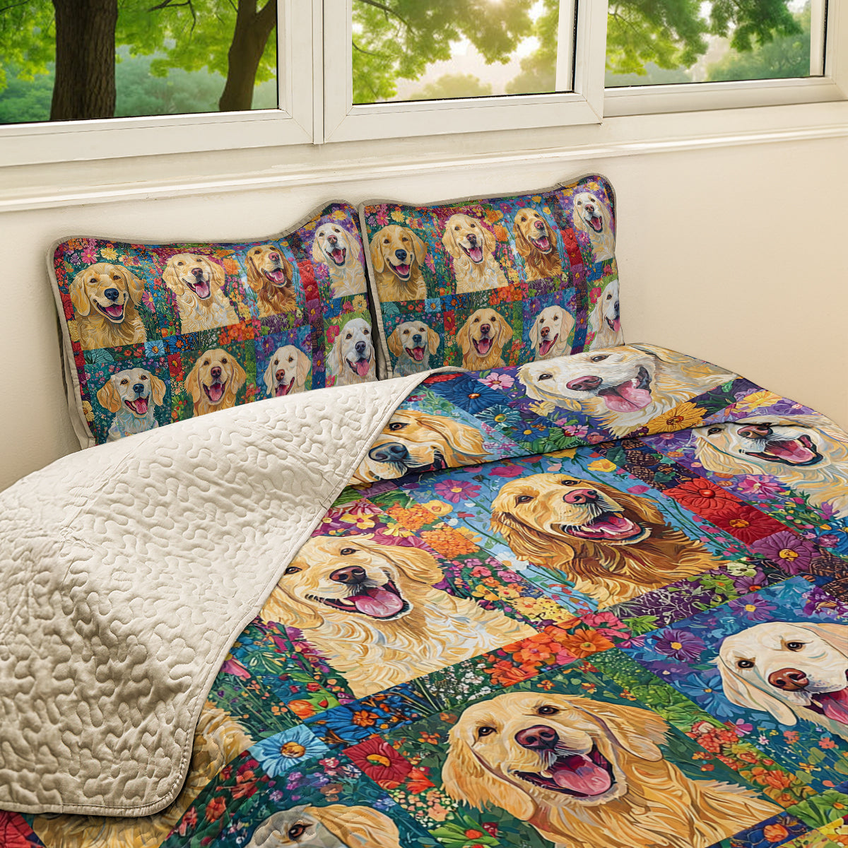 Shineful All Season Quilt 3-Piece Set Floral Golden Retriever Patchwork