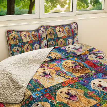 Shineful All Season Quilt 3-Piece Set Floral Golden Retriever Patchwork
