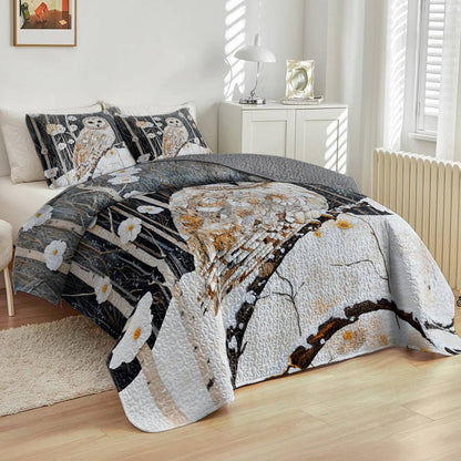 Shineful Flat Print All Season Quilt 3-Piece Set Charming Owl White Flowers Winter
