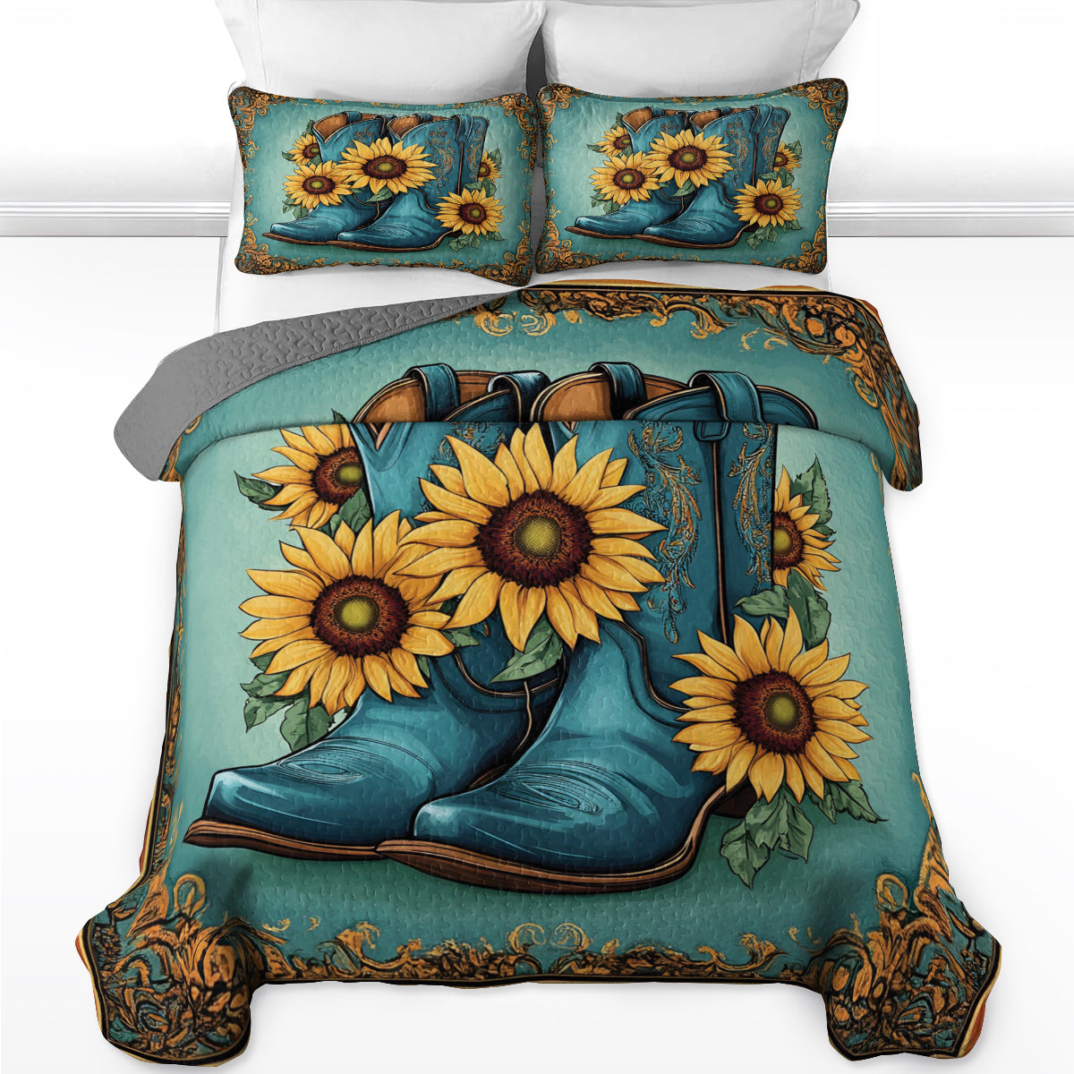 Shineful All Season Quilt 3-Piece Set Cowboy Boots And Sunflower