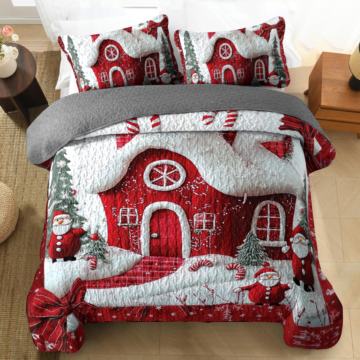 Shineful All Season Quilt 3-Piece Set - Whimsical Red House Christmas
