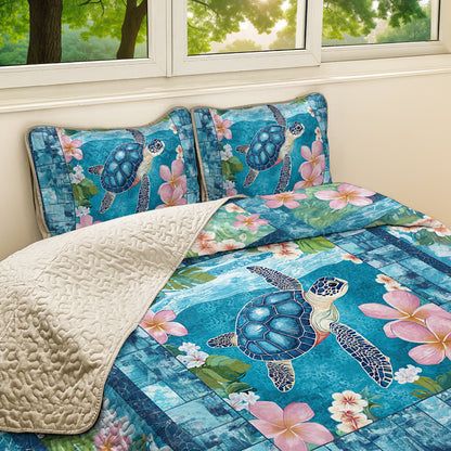 Shineful All Season Quilt 3-Piece Set Floral Plumeria Sea Turtle