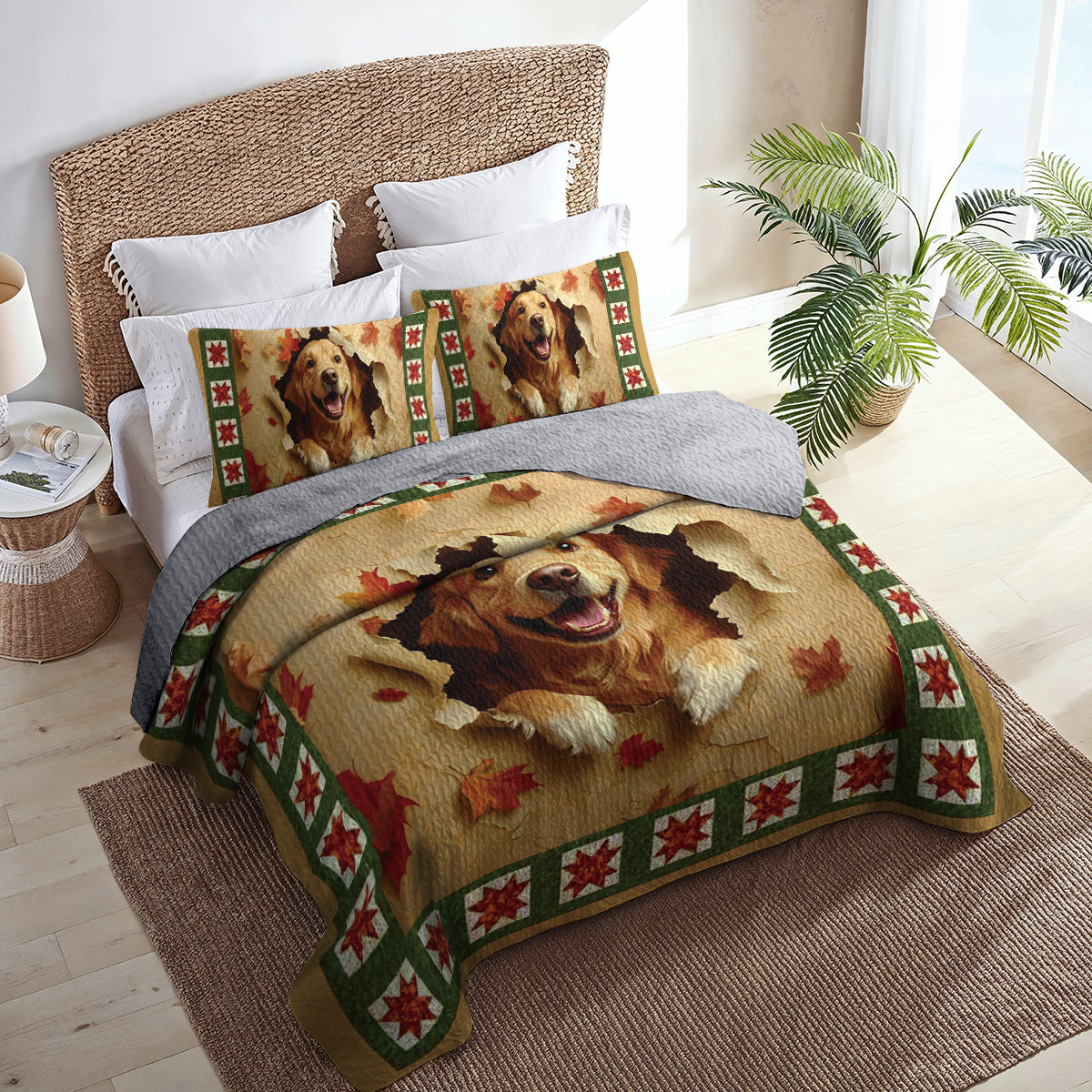 Shineful All Season Quilt 3-Piece Set Golden Retriever Joy
