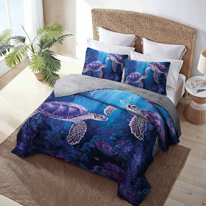 Shineful All Season Quilt 3-Piece Set - Sea Turtle & Jellyfish Harmony