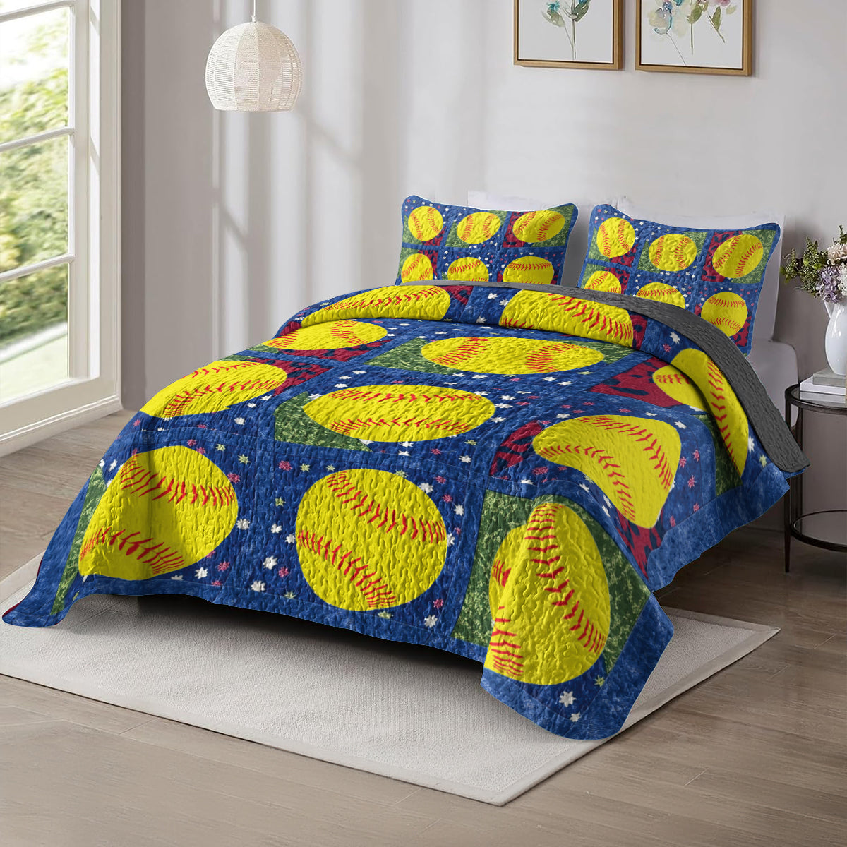 Shineful All Season Quilt 3-Piece Set Softball Patchwork