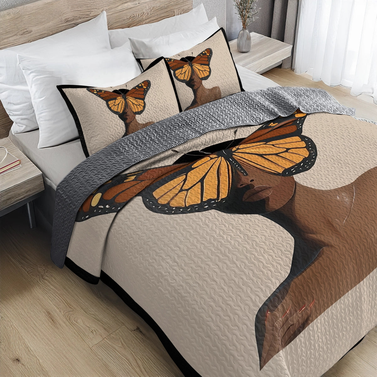Shineful All Season Quilt 3-Piece Set - Black Butterfly Woman
