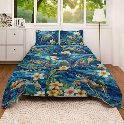 Shineful All Season Quilt 3-Piece Set Plumeria Deep Blue Sea Turtle