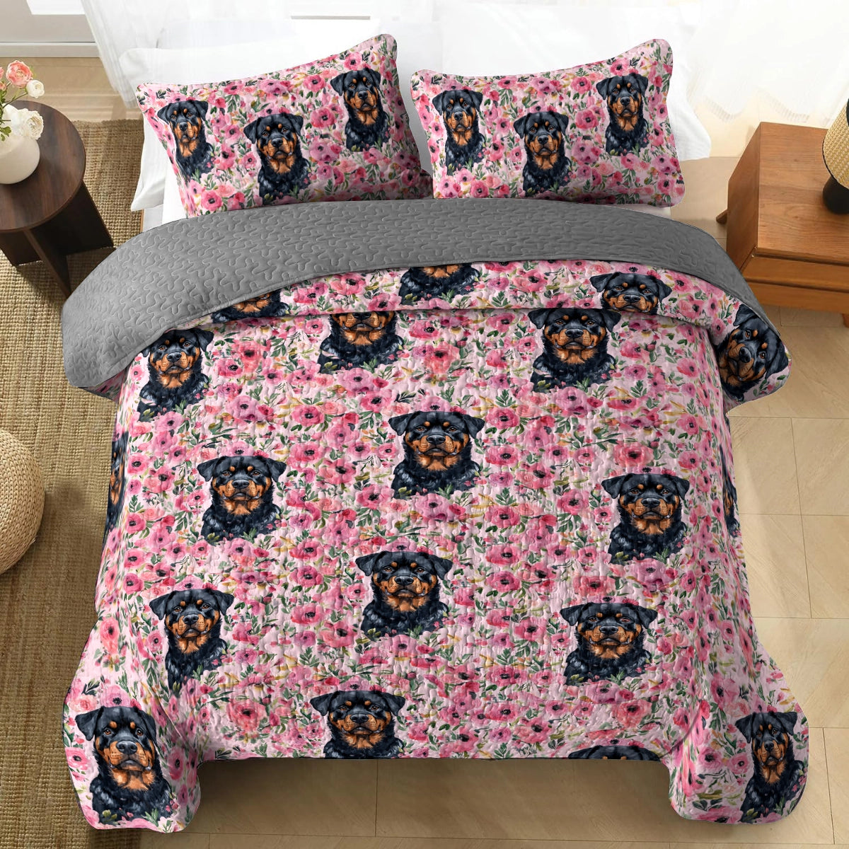 Shineful All Season Quilt 3-Piece Set Floral Rottie Dream